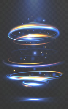 Futuristic Blue and Golden Glowing Light Rings with Energy Trails and Sparkles on Transparent Background
