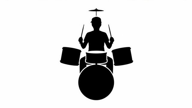 Drummer silhouette playing drum kit white background.