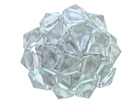 Une sph&egrave;re abstraite compos&eacute;e de multiples cristaux de verre transparents et facett&eacute;s, isol&eacute;e sur un fond blanc pur pour un design minimaliste et &eacute;l&eacute;gant.
