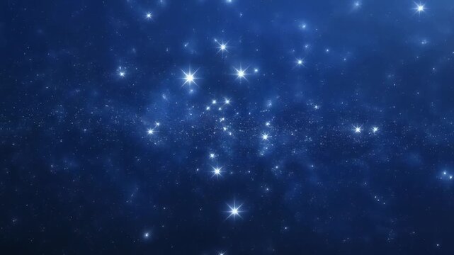 Abstract glowing particles drift in deep blue cosmic nebula during stellar formation with soft light flares