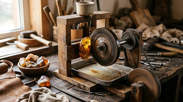 Craftsman machine polishing raw amber stone in a rustic workshop