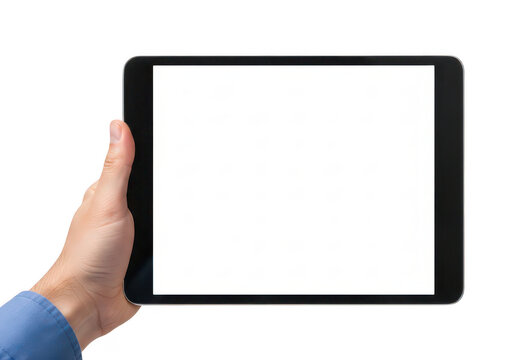 Hand holding a digital tablet with blurred screen on transparent background