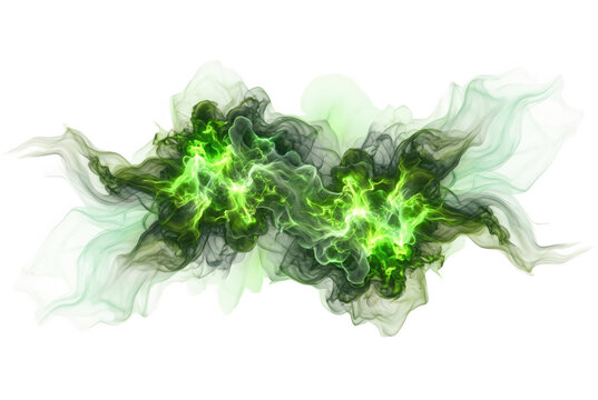 Nuage de fum&eacute;e abstraite vert n&eacute;on et noir sur fond blanc, &eacute;l&eacute;ment graphique dynamique avec des volutes fluides et lumineuses pour des designs cr&eacute;atifs et modernes.