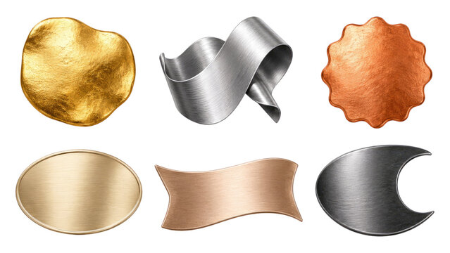 Six metallic blank labels and badges in gold, silver, copper and bronze, featuring varied shapes, scalloped and wavy edges, brushed and hammered textures for luxury packaging or design use