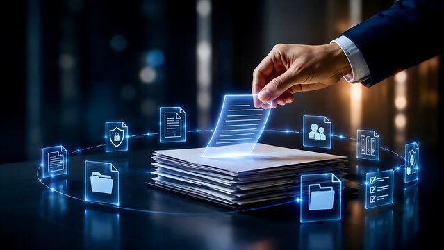 Businessman hand picking a glowing digital holographic document from a physical paper stack symbolizing a paperless office and data digitization