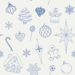 Naklejka premium Christmas Vintage seamless pattern with balls toys snowflakes candy gingerbread. Blue beige Hand drawn Line art Vector background for design holiday package, wrapping paper, decor new year. Monochrome