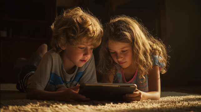 Children watching tablet together on carpet