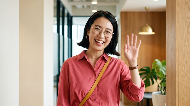 Generative AI, Cheerful Asian woman waving hello in a modern office