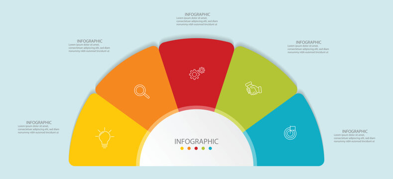 Business infographic template with 5 steps semicircular diagram fan chart layout for workflow data presentation process vector
