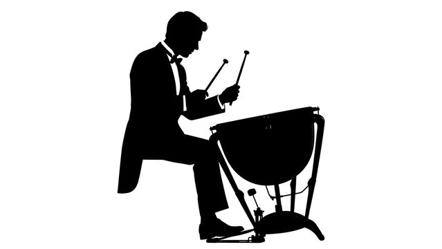 Silhouette of man playing timpani drums white background.