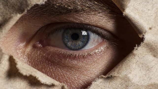 A Close-Up View of an Eye Peering Through a Torn Piece of Paper, Highlighting Intricate Details and Emotions Captured in the Moment