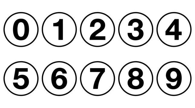 Minimalist black circle numbers set from 0 to 9, flat vector numeric icons for lists and ranking, simple round digit buttons