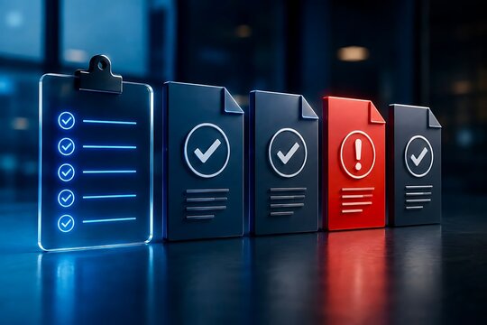Digital document icons and clipboard showing a series of approvals and one red error warning depicting risk management and software compliance