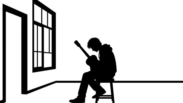 Silhouette of person reading book on stool white background.