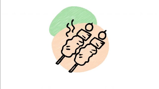 An animated hand-drawn pair of wooden skewers with grilled meat and veggies. Perfect for BBQ parties, street food menus, and grilled meat snacks.