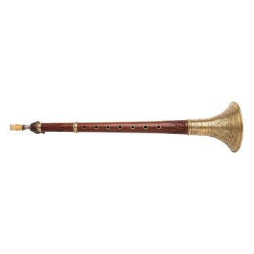 Surnai wind instrument featuring a wooden body and a brass bell is displayed horizontally against a transparent background.