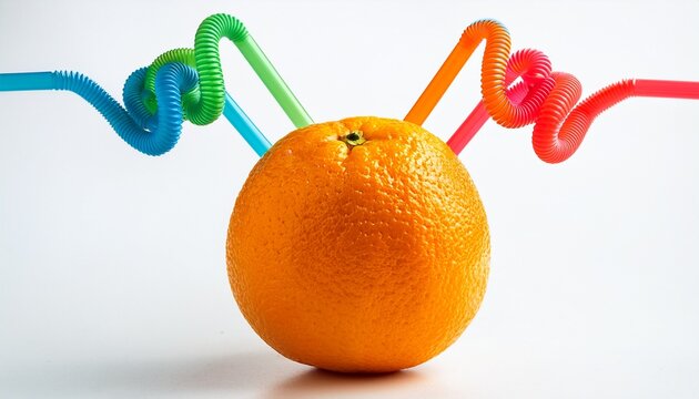 Isolated Creative Fresh Orange With Three Bright Spiral Straws For Summer Beverage