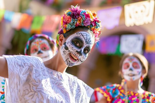 Joyful Children Celebrating Dia de los Muertos in Sugar Skull Makeup