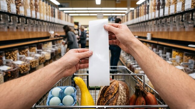 Grocery shopping list held in hands over cart, person checking paper receipt in supermarket aisle, zero waste bulk food store interior
