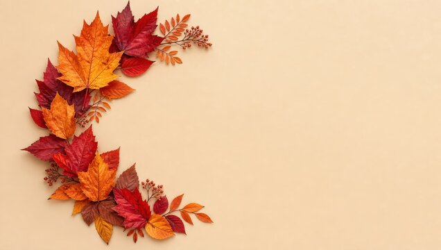 Autumn leaves wreath on beige background with copy space for text.