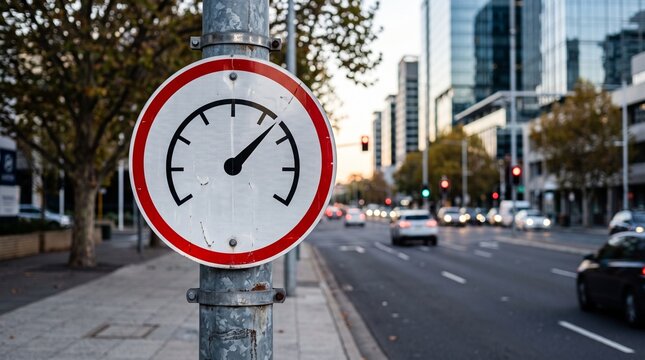 Speed camera warning sign on city street, traffic enforcement symbol in urban business district, speedometer icon on circular road sign