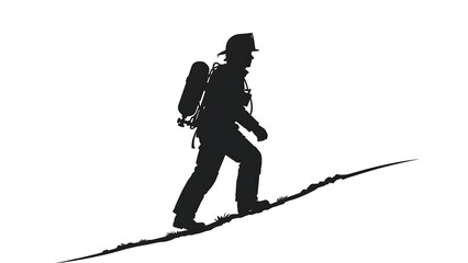Fototapeta premium Hiker silhouette walking uphill white background.