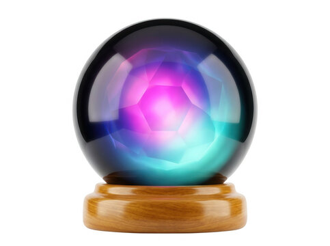 Une boule de cristal magique avec des reflets lumineux violets et bleus vibrants pos&eacute;e sur un socle en bois, isol&eacute;e sur un fond blanc pur pour un concept de divination ou de futur.