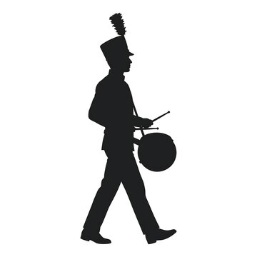 Marching band drummer silhouette white background.