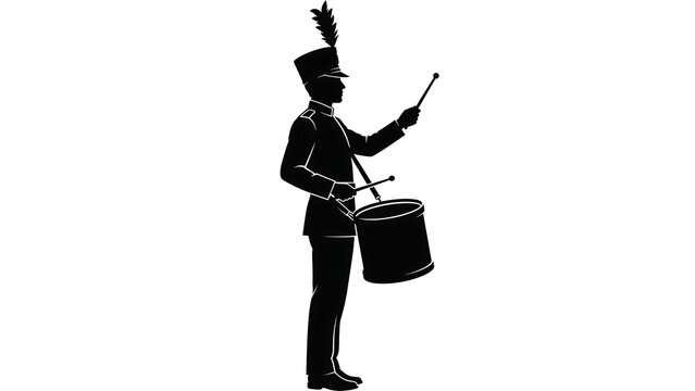 Marching band drummer silhouette white background.