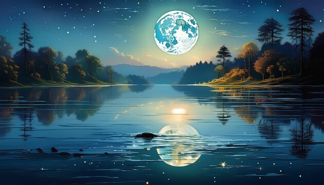 Moonlight Reflected On Water Surface Calm