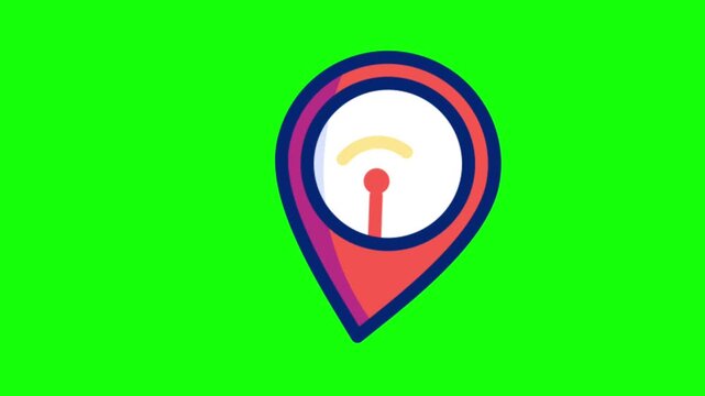 Animated map pin icon with wifi signal transmitting broadcast waves isolated on green screen background