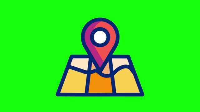 Animated location map pin icon unfolding with route navigation marker isolated on green screen background