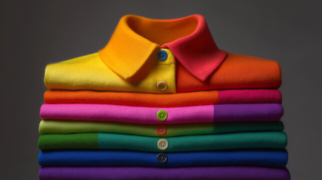 Stack of colorful folded polo shirts