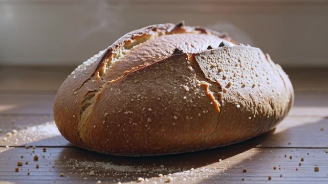 Freshly baked homemade artisanal sourdough bread loaf with a crispy golden crust sitting on a rustic wooden table