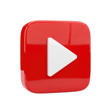 Glossy red rounded square button with a white play icon isolated on the background.