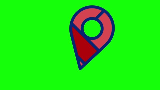 Animated red map pin icon with geometric pattern popping up and looping on a chroma key green screen background
