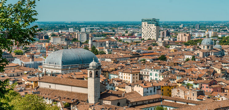 Aerial panorama view of Brescia, Italy seen from Brescia Castle