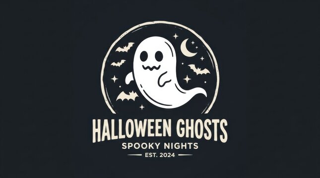 Cute minimalist Halloween ghost logo design with bats and moon on dark background