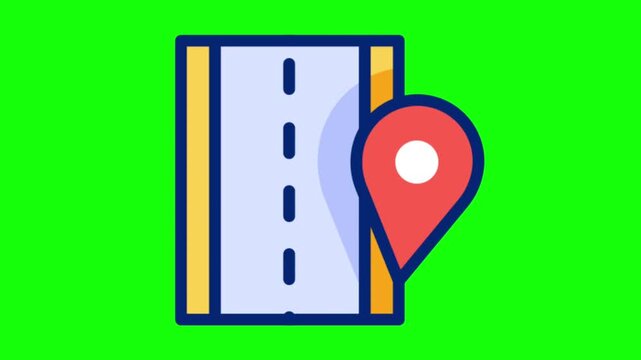 Animated road map with location pin marker icon loop on chroma key green background vector flat design concept
