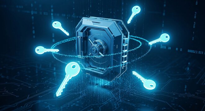 Digital security vault with glowing blue keys representing access and protection in a cyber environment.