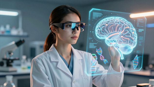 Scientist Analyzing Holographic Gene Map in Healthtech Lab