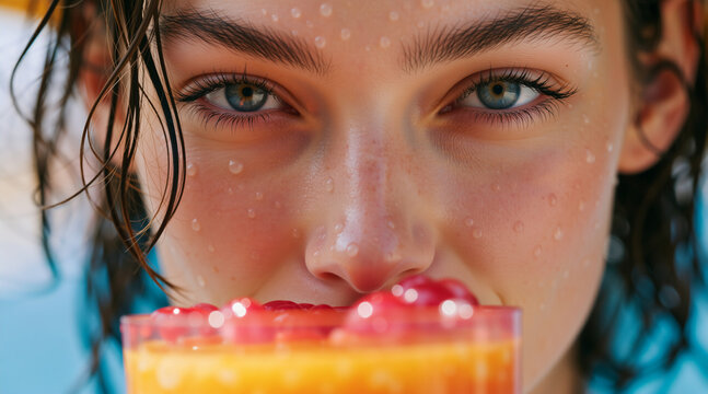 Face of woman with blue eyes and wet skin holding a berry drink. Summer beauty portrait with orange juice. Mediterranean resort style concept