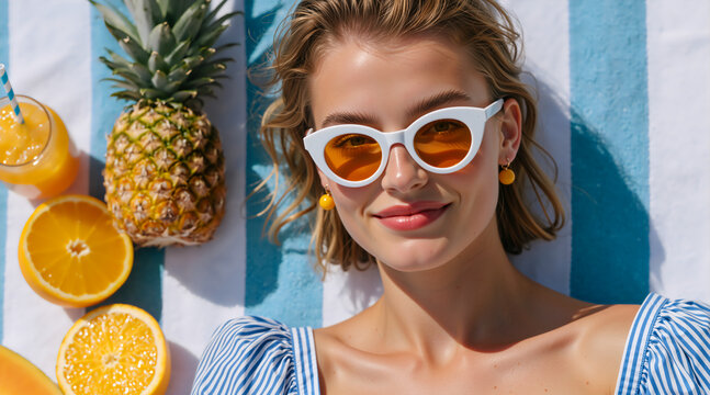 Overhead shot of a woman lying on a striped beach towel. Summer vacation concept with pineapple, orange juice, and white sunglasses