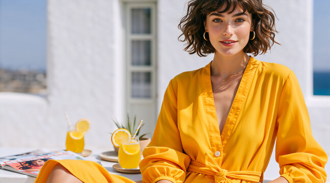 Woman in yellow wrap dress at a Mediterranean resort. Summer vacation lifestyle with orange juice on a white terrace