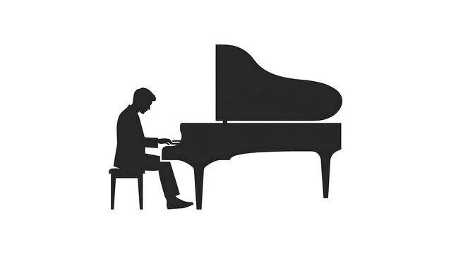 Silhouette of pianist playing grand piano white background.
