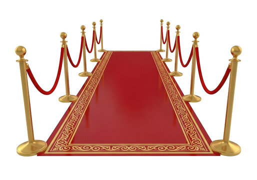 Red carpet with golden stanchions and ropes on transparent background