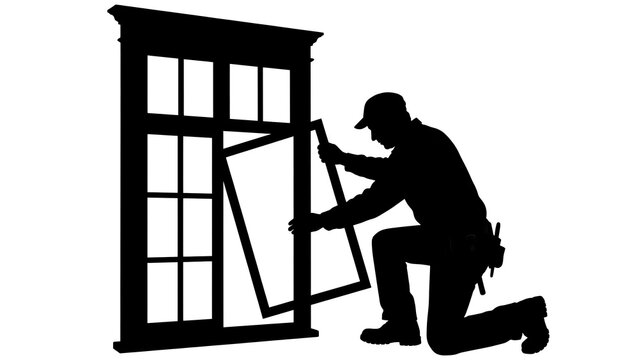 Handyman installing window on white background.