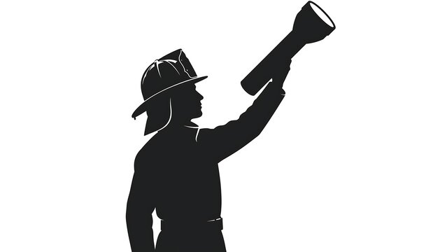 Silhouette of firefighter with megaphone white background.