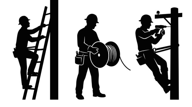 Three workers doing maintenance on power lines Vector