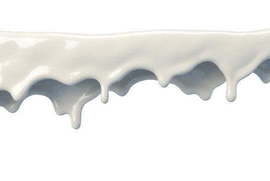 Un gros plan dynamique d'un liquide blanc cr&eacute;meux, comme du lait ou de la peinture, coulant et formant des gouttes isol&eacute;es sur un fond blanc pur pour un design publicitaire.